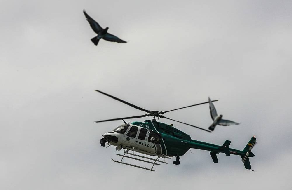 Dos palomas alzan vuelo  junto al nuevo helicóptero de la Policía, el miércoles 5 de julio de 2017, en Cali, durante el lanzamiento de la aeronave —un Bell 407 de fabricación estadounidense— que será utilizado en la lucha contra el crimen organizado, la delincuencia común y que contribuirá al mejoramiento de la seguridad pública y ciudadana. Foto: Carlos Julio Martínez / SEMANA