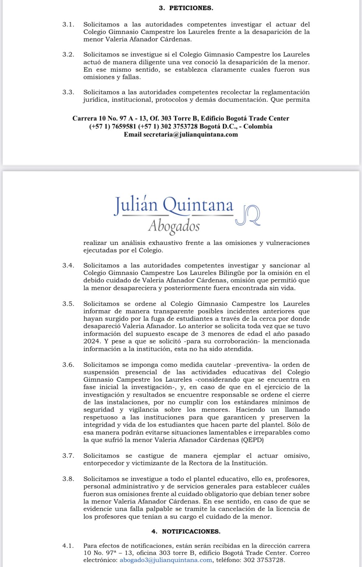 Documento abogado de la familia de Valeria Afanador