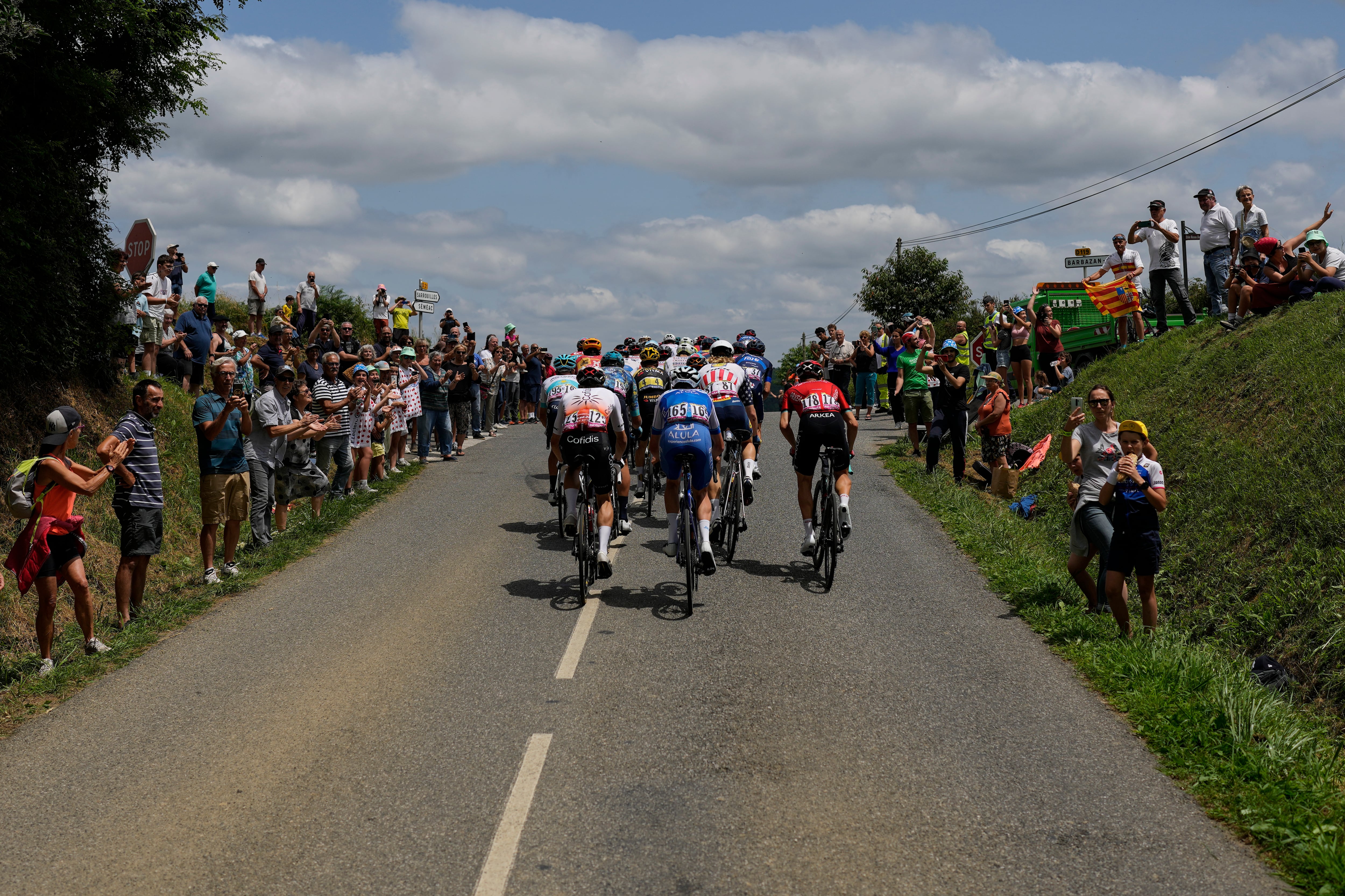 The pack pedals during the sixth stage of the Tour de France cycling race over 145 kilometers (90 miles) with start in Tarbes and finish in Cauterets-Cambasque, France, Thursday, July 6, 2023. (AP Photo/Thibault Camus)