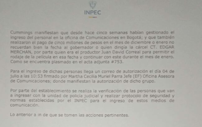 Documento del Inpec.