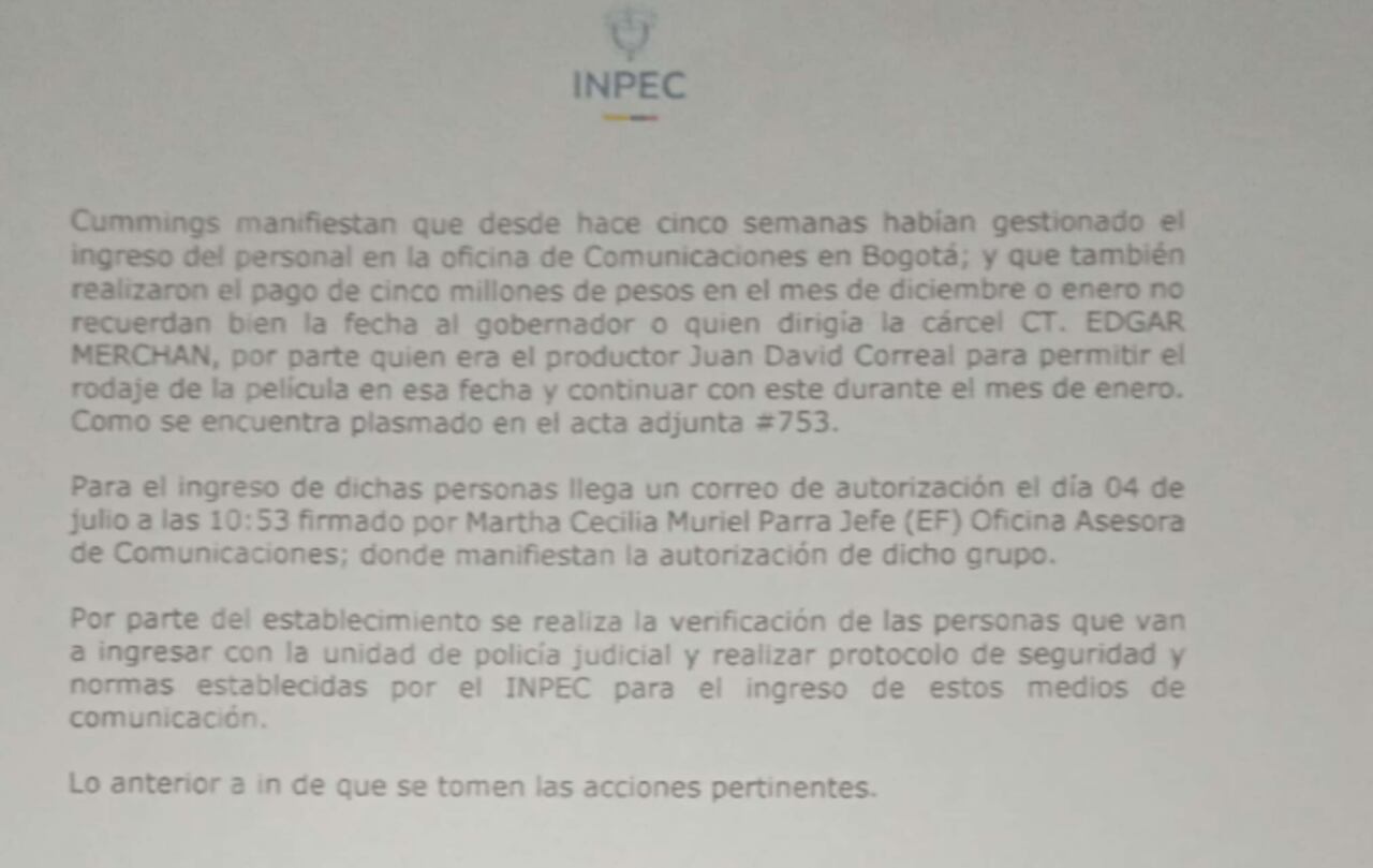 Documento del Inpec.