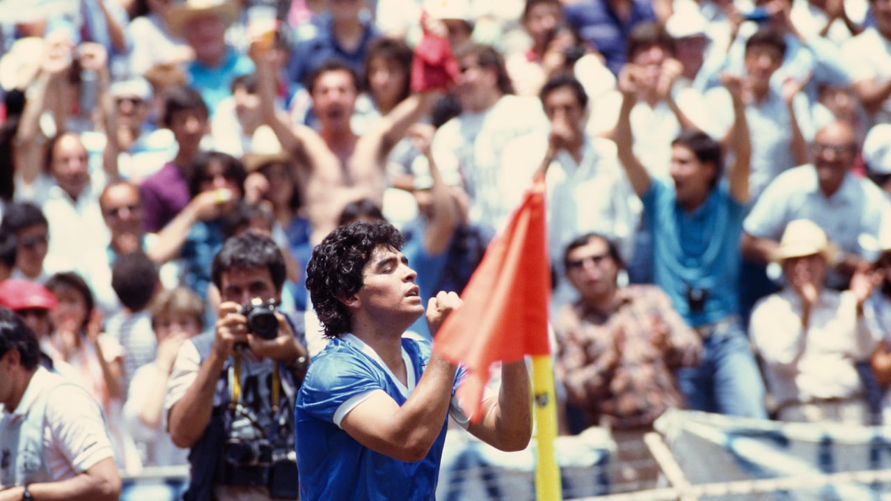 Argentina's Diego Maradona during the 1986 FIFA World Cup quarter finals against England. Argentina won 2-1. (Photo by Jean-Yves Ruszniewski/Corbis/VCG via Getty Images)