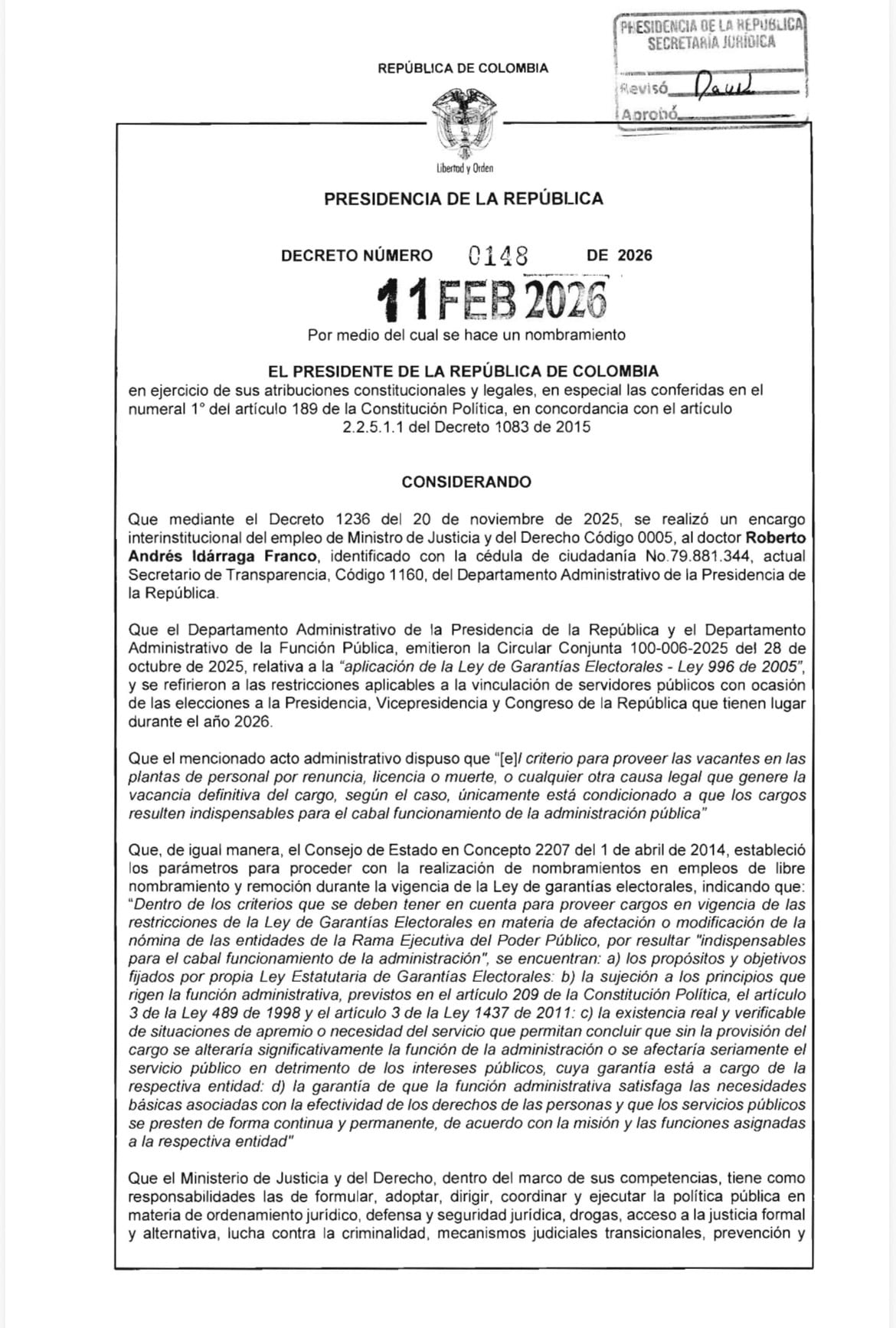 Decreto nuevo ministro de Justicia del presidente Gustavo Petro