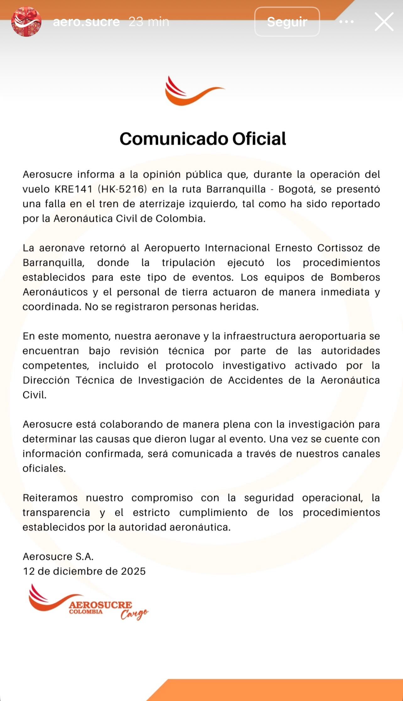 Aerosucre se pronuncia tras emergencia aérea provocada por falla en una de sus aeronaves en Barranquilla
