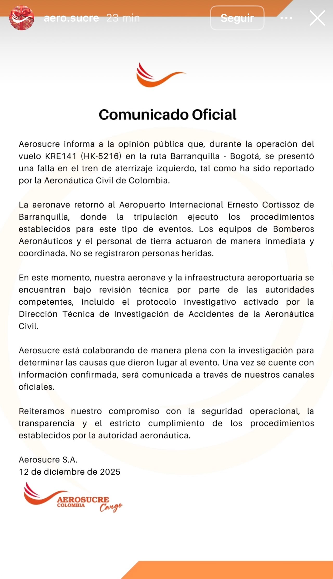Aerosucre se pronuncia tras emergencia aérea provocada por falla en una de sus aeronaves en Barranquilla