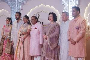 MUMBAI, INDIA - JULY 12 : Shloka Mehta, Isha Ambani, Mukesh Ambani Khunying Patama Leeswadtrakul, Dr Somsak Leeswadtrakul and Akash Amabani Attend The Lagna Vidhi Of The Wedding Of Anant Ambani & Radhika Merchant on July 12, 2024 in Mumbai, India. (Photo by Prodip Guha/Getty Images)
