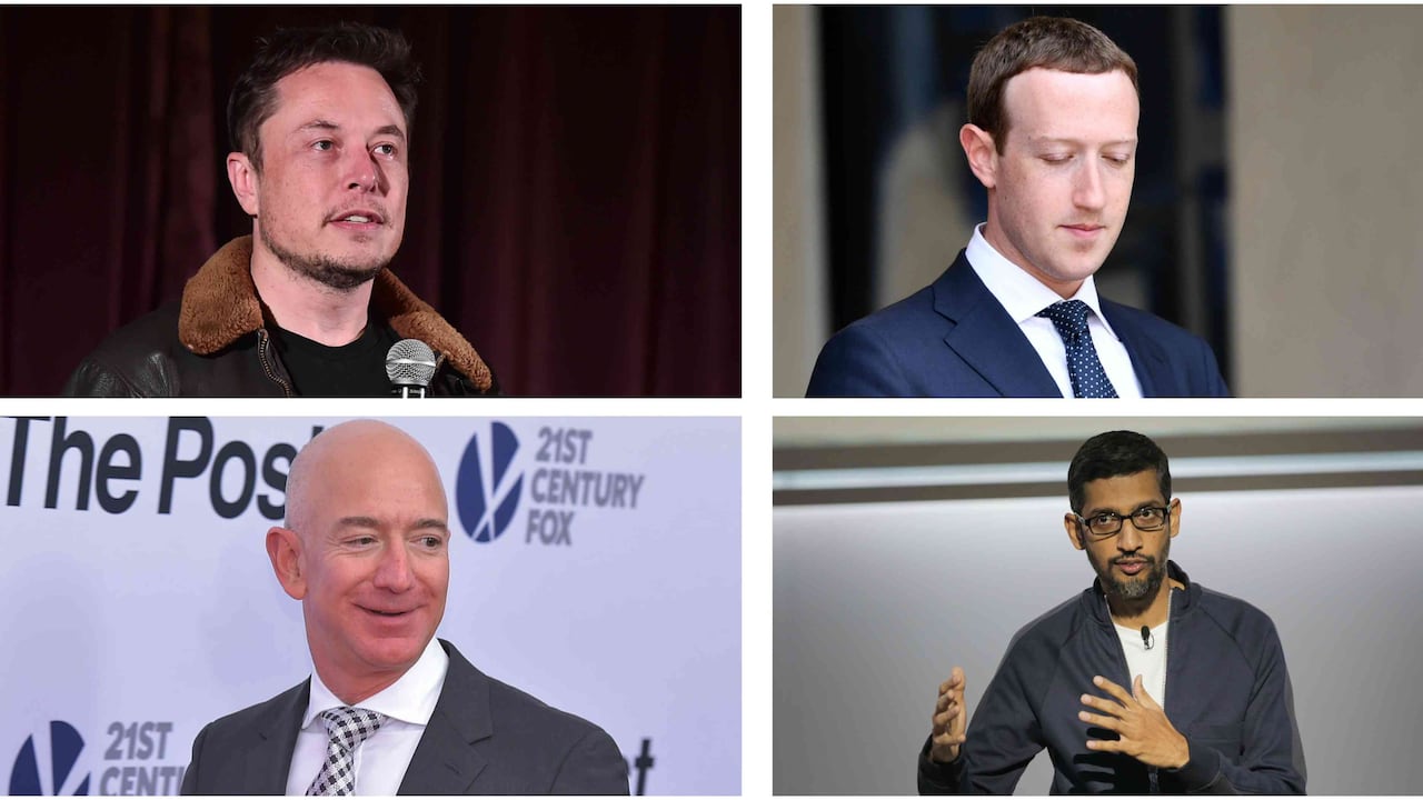 Los dueños de las compañías tecnológicas del mundo comienzan a enfrentar problemas por sus prácticas en materia de competencia, tributaria y temas laborales. En la foto el dueños de Tesla, Elon Musk, de Facebook, Mark Zuckerberg, de Amazon, Jeff Bezos, y de Google, Sundar Pichai.