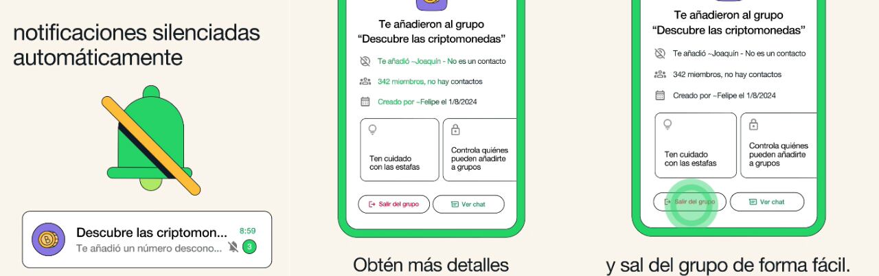 Silencio, datos del grupo y salida rápida: las medidas de WhatsApp contra fraudes.