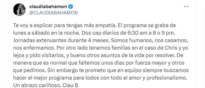 Claudia Bahamón respondió con elegancia la crítica de televidente sobre 'MasterChef'.