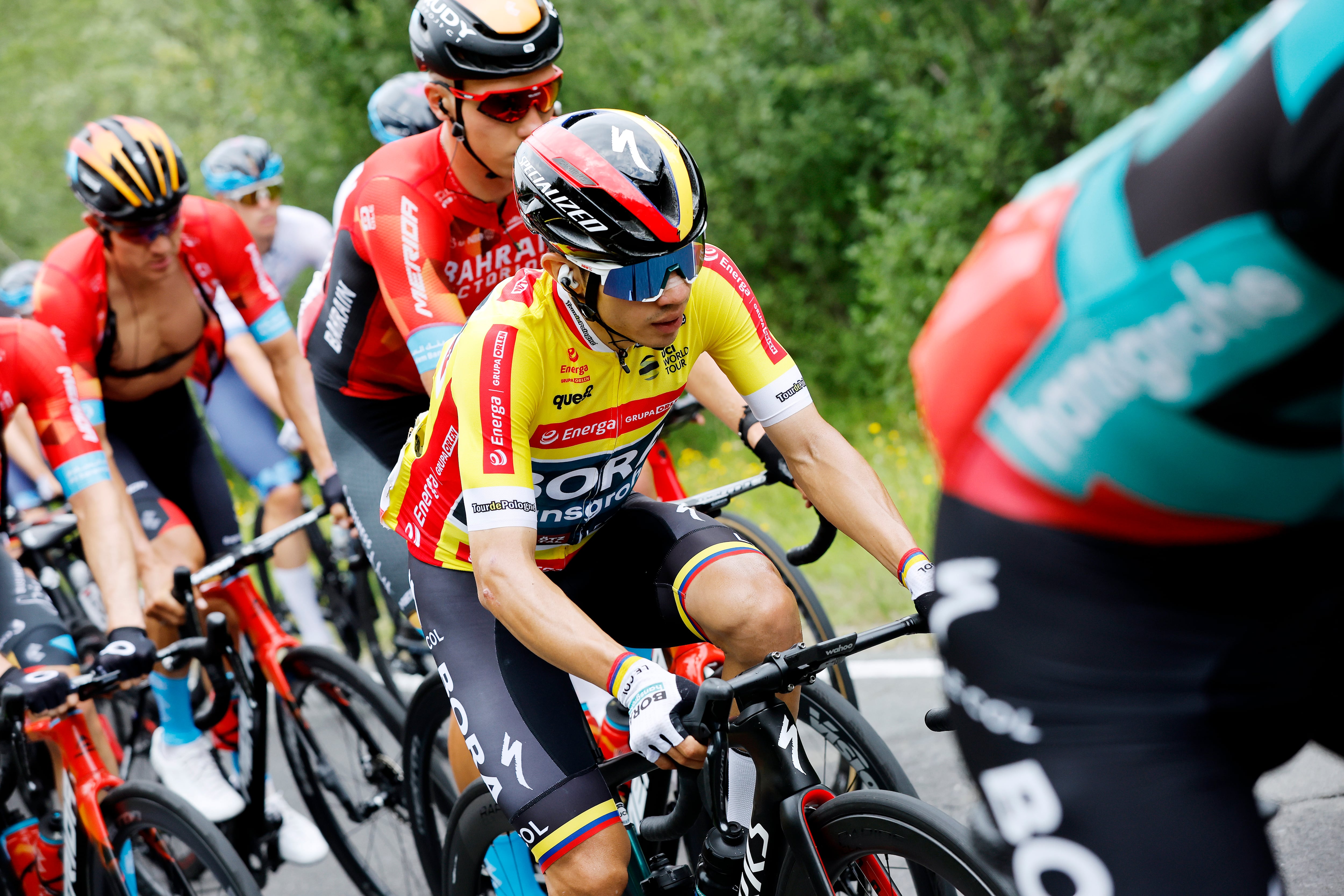 SANOK, POLAND - AUGUST 02: Sergio Andres Higuita Garcia of Colombia and Team Bora - Hansgrohe - Yellow Leader Jersey competes during the 79th Tour de Pologne 2022 - Stage 4 a 179,4km stage from Lesko to Sanok / #TdP22 / #WorldTour / on August 02, 2022 in Sanok, Poland. (Photo by Bas Czerwinski/Getty Images)