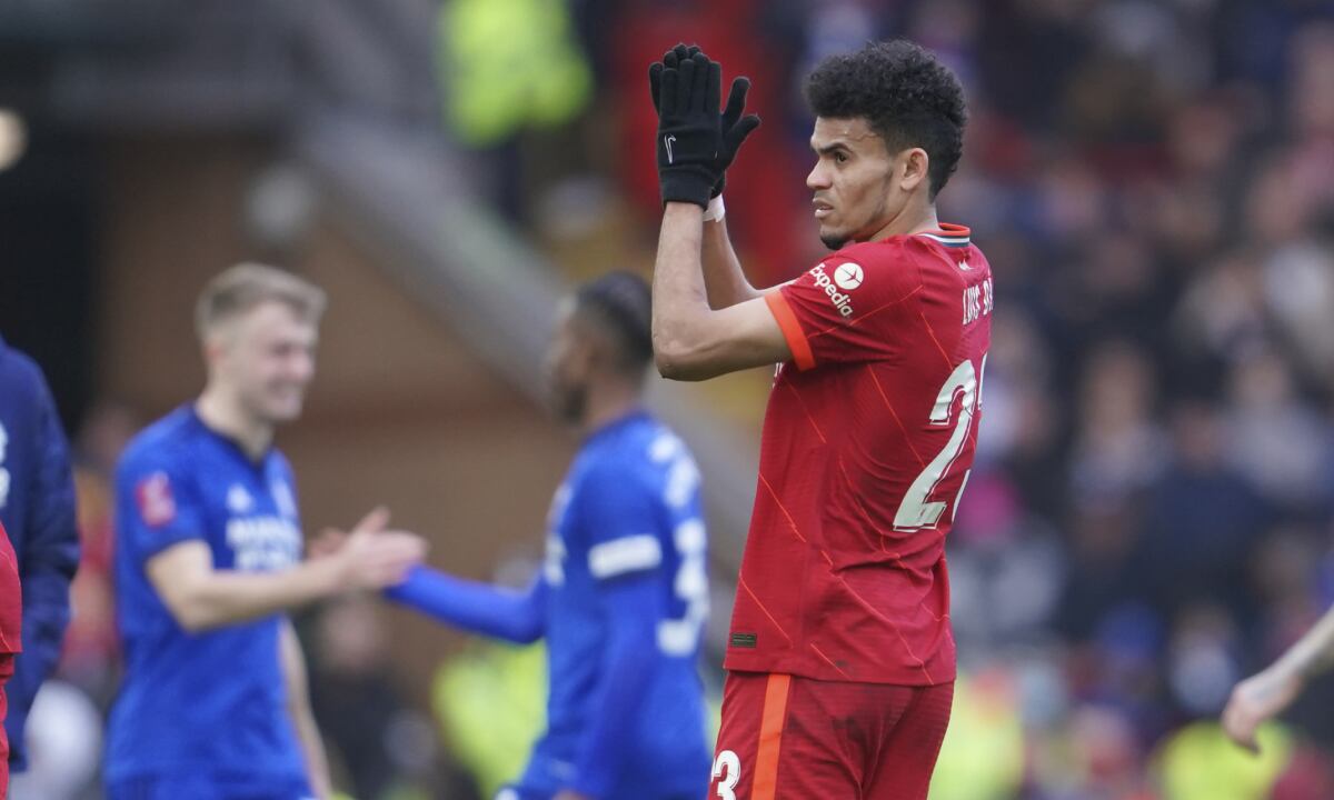 Liverpool's Luis Diaz, center, applauds spectators after the FA Cup fourth round soccer match between Liverpool and Cardiff City at Anfield stadium in Liverpool, England, Sunday, Feb. 6, 2022. (AP/Jon Super)