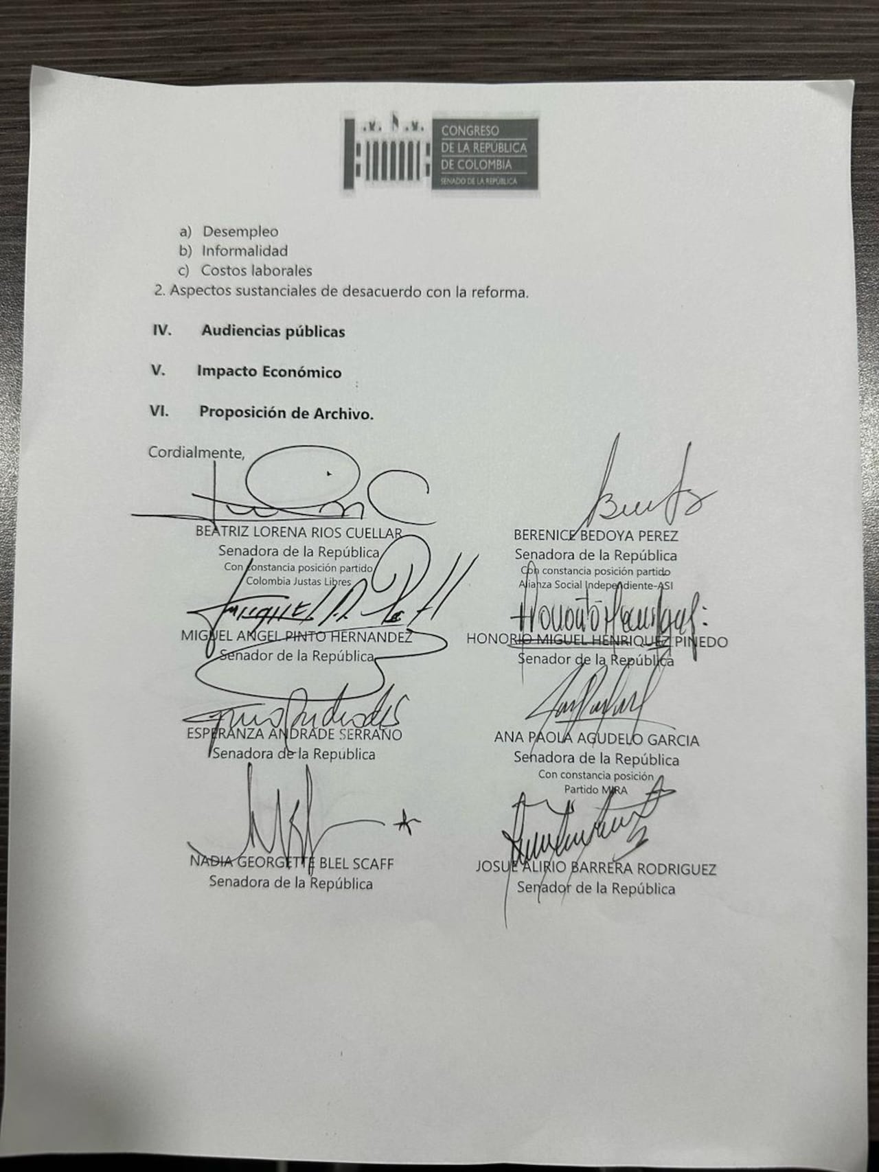 Firmas de la ponencia de archivo del a reforma laboral.