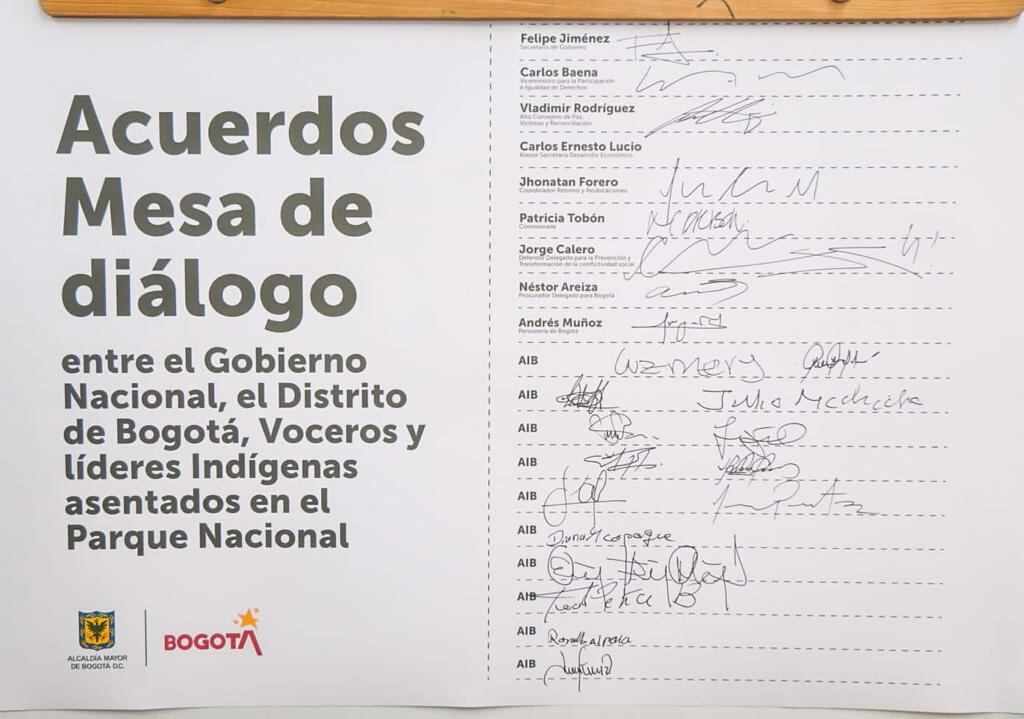 Firmas consignadas por ambas partes en la jornada de negociación de este viernes 6 de mayo entre el Distrito y las familias indígenas sobre el acuerdo de movilización del Parque Nacional.