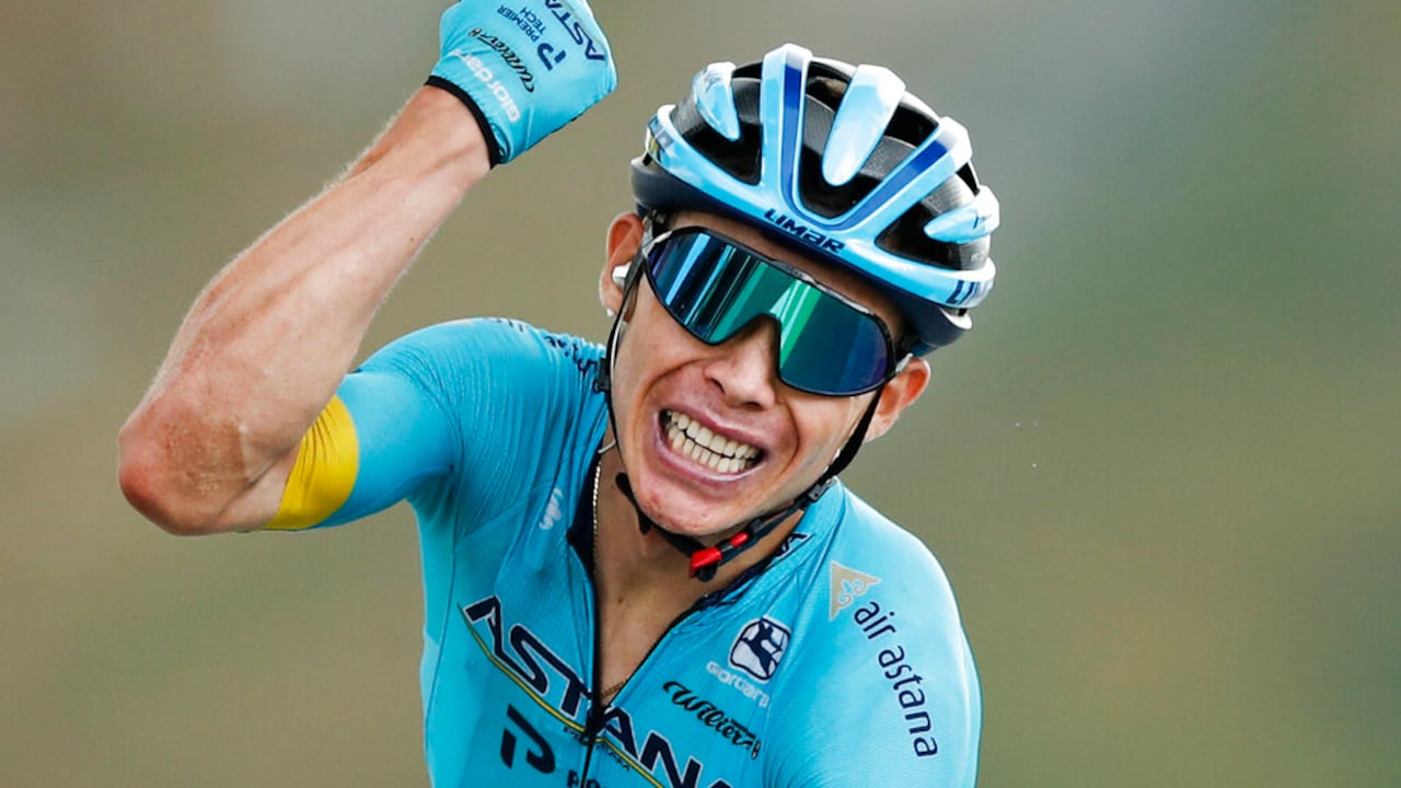 El colombiano Miguel Ángel López tras ganar la 17ma etapa del Tour de Francia en el Col de la Loze, el miércoles 16 de septiembre de 2020. (Benoit Tessier/Pool vía AP)