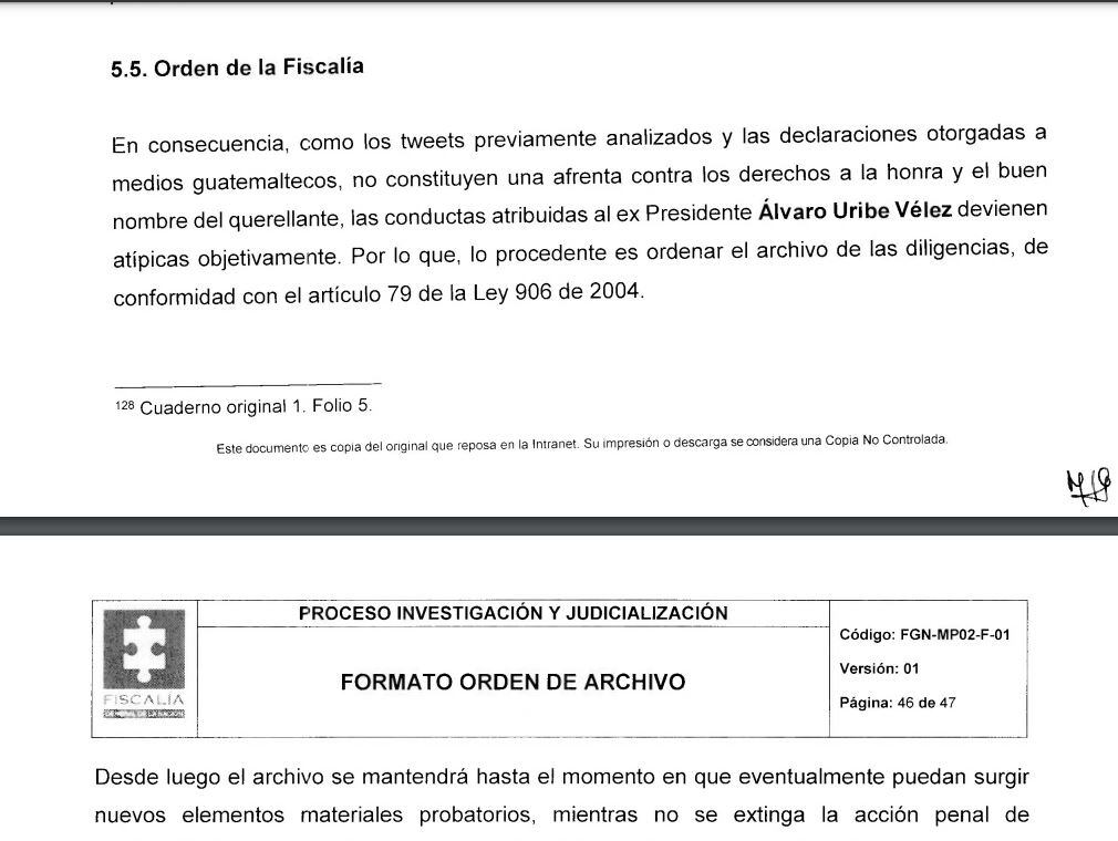 Fiscalía archiva investigación a Álvaro Uribe.