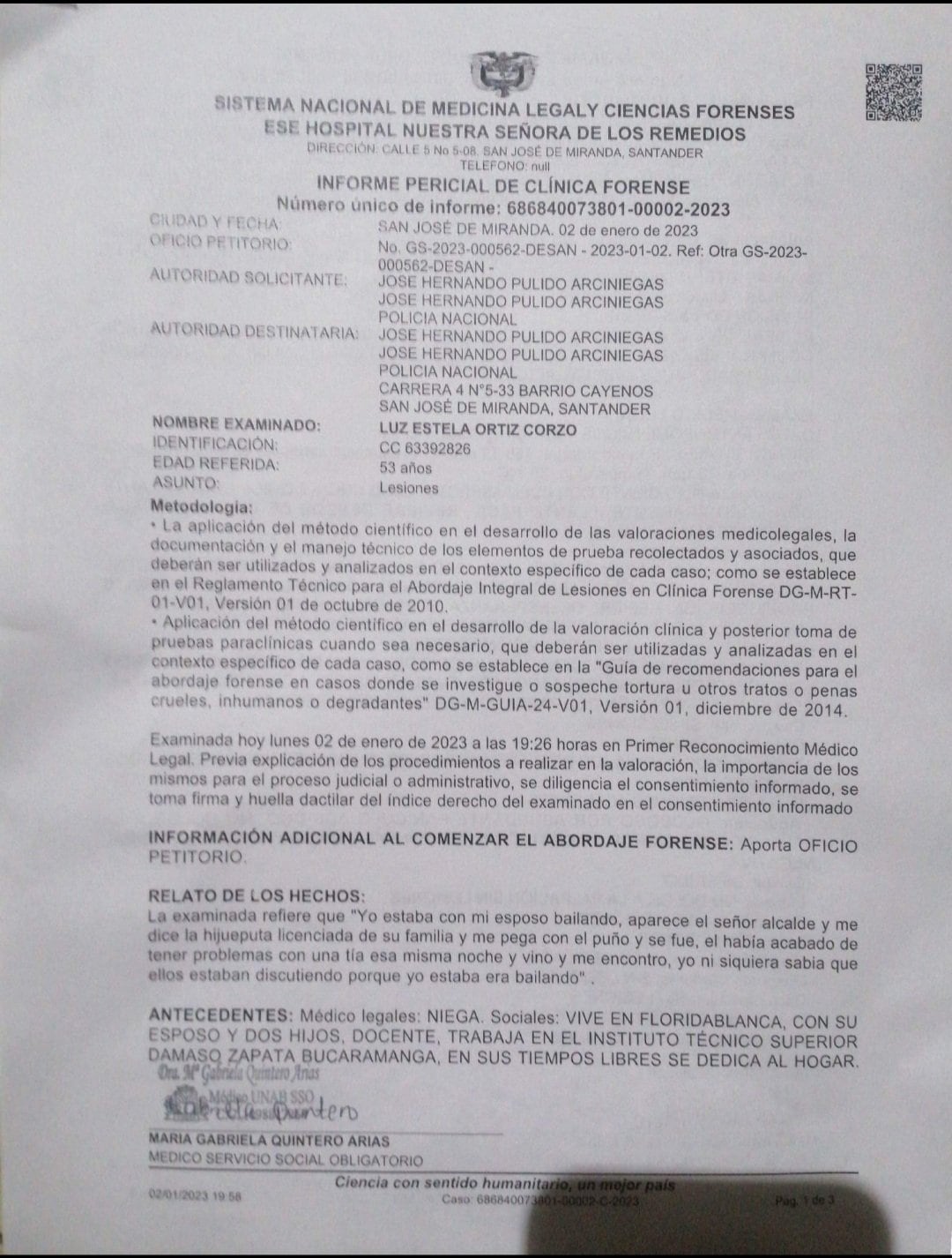 Medicina legal le dio 10 días de incapacidad a la docente.