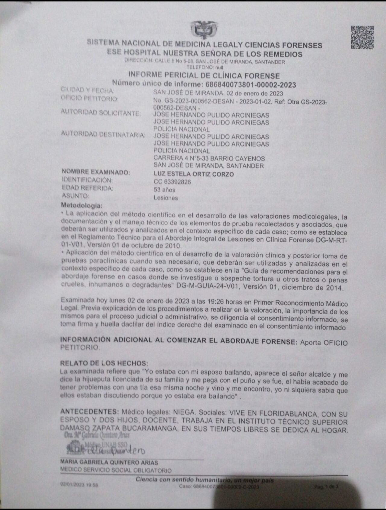 Medicina legal le dio 10 días de incapacidad a la docente.