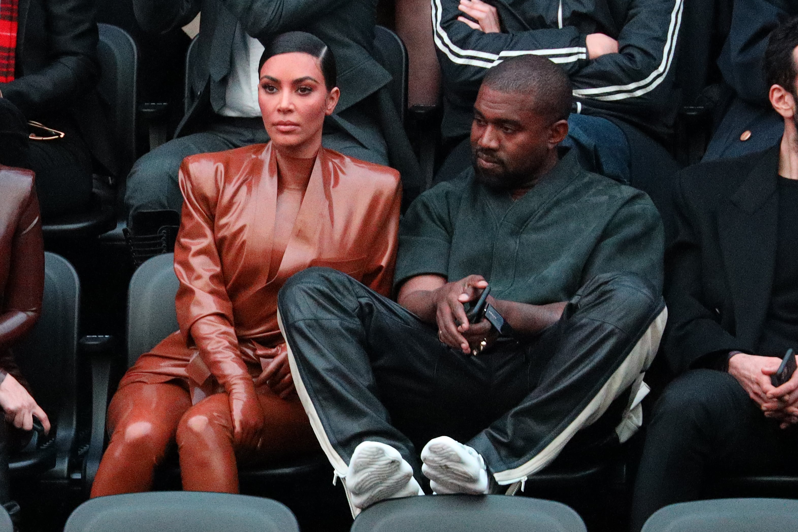 Kim Kardashian and Kanye West attend the Balenciaga show on March 2020 in Paris, France. (Photo by Pierre Suu/Getty Images)