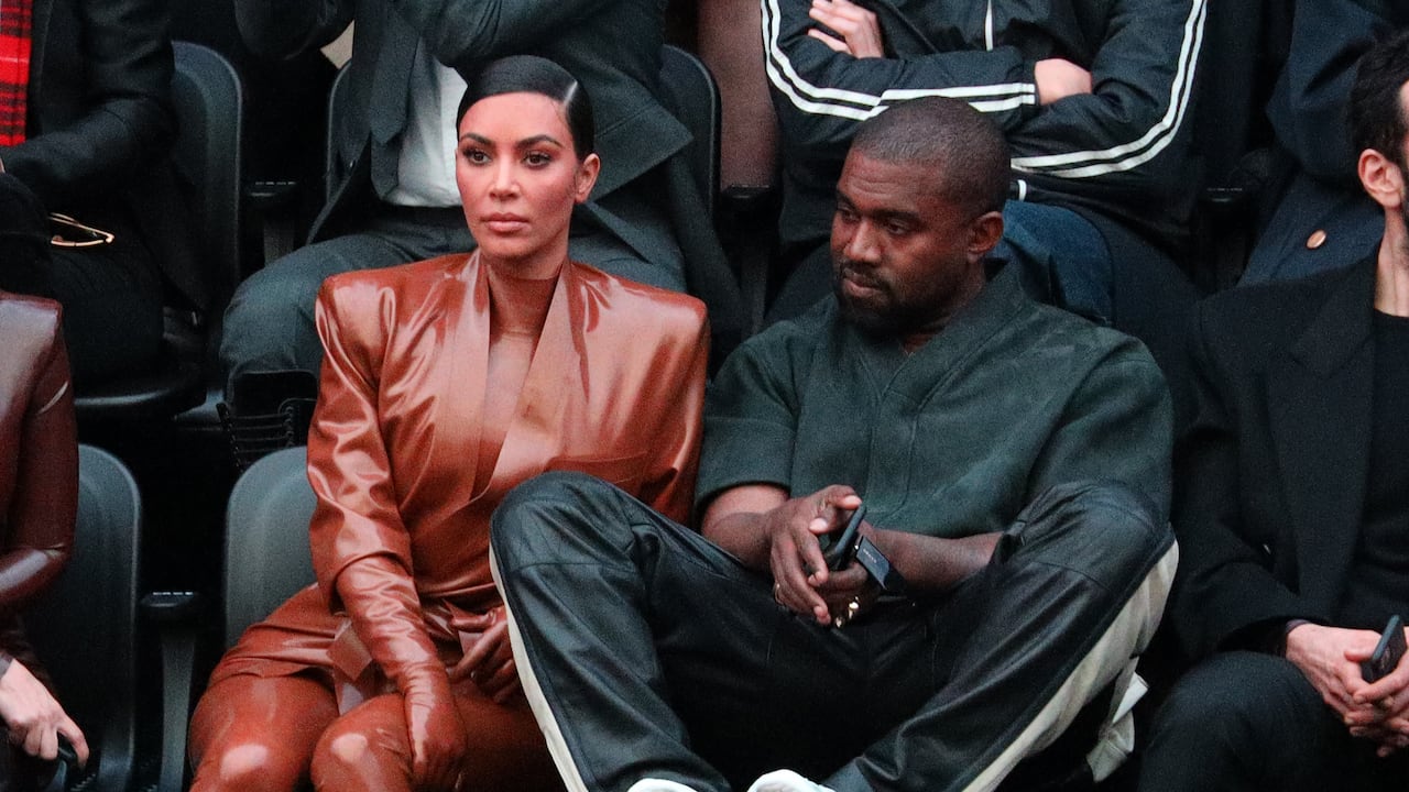 Kim Kardashian and Kanye West attend the Balenciaga show on March 2020 in Paris, France. (Photo by Pierre Suu/Getty Images)