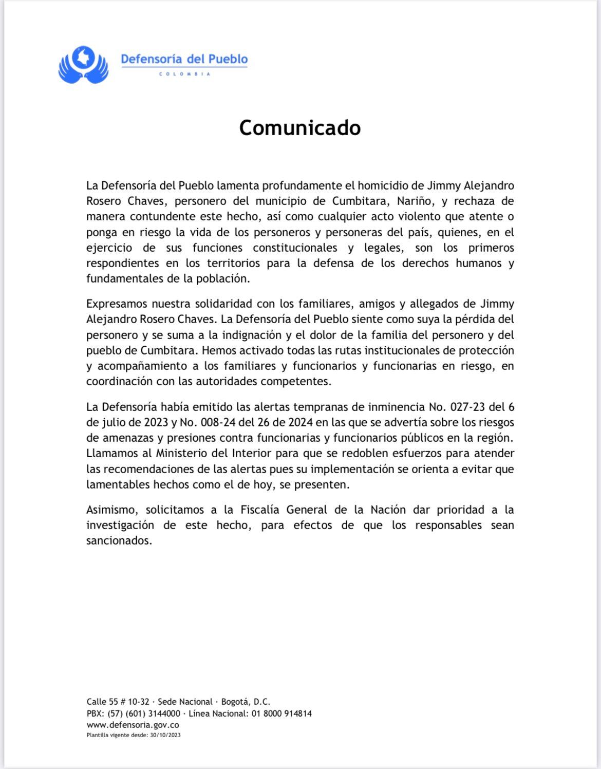 Defensoría del Pueblo rechaza la situación.