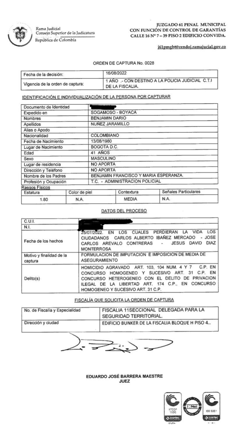 Esta es la orden de captura en contra del coronel Benjamín Núñez. Se completó el traslado del excomandante operativo de la Policía en Sucre a la cárcel de Picaleña en Ibagué. El oficial fue capturado por el homicidio de tres jóvenes.