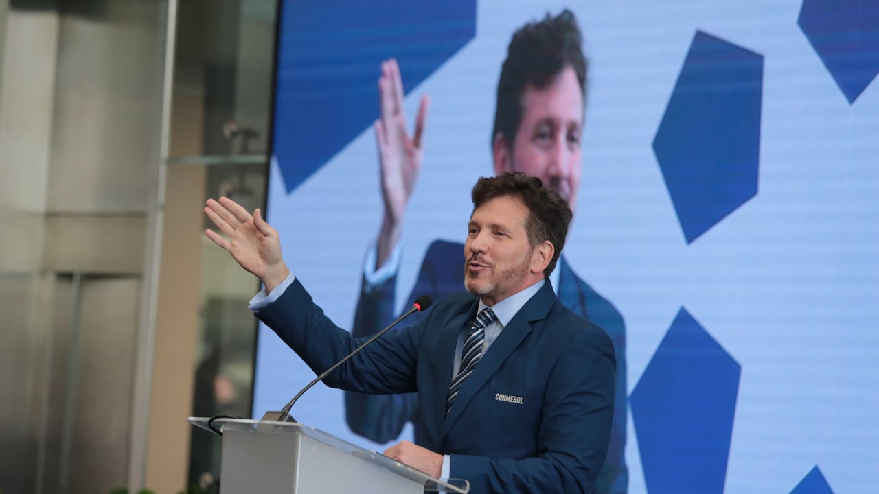 LUQUE, PARAGUAY - MARCH 18: President of CONMEBOL Alejandro Dominguez gives a speech during the re-inauguration of the Football Museum at CONMEBOL headquarters on March 18, 2024 in Luque, Paraguay. (Photo by Christian Alvarenga/Getty Images)