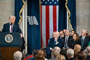 Former President Bill Clinton, from right, former Vice President Kamala Harris, her husband Doug Emhoff and former President Joe Biden listen and President Donald Trump speaks after taking the oath of office during the 60th Presidential Inauguration in the Rotunda of the U.S. Capitol in Washington, Monday, Jan. 20, 2025. (Kenny Holston/The New York Times via AP, Pool)