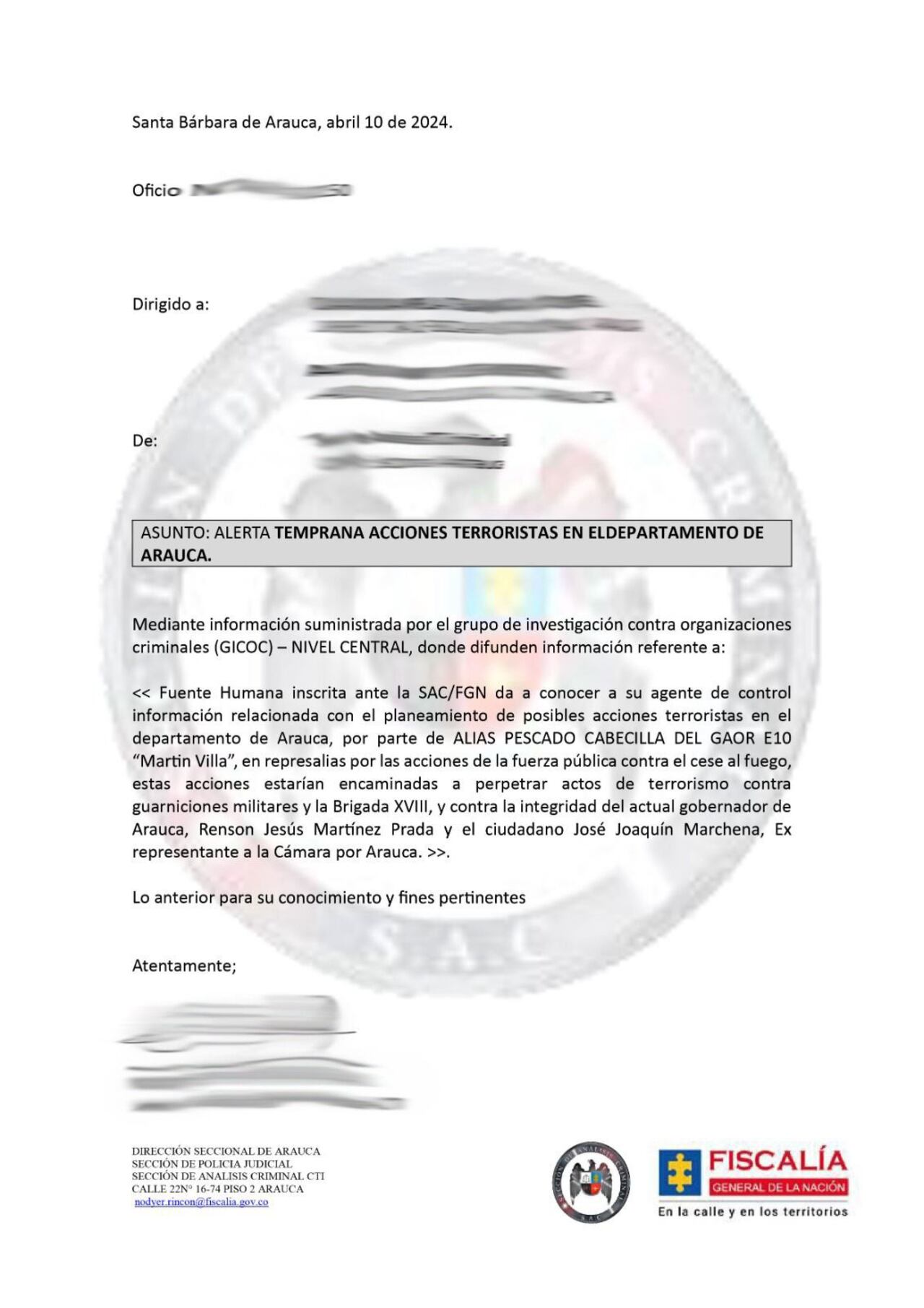 Alerta temprana de la Fiscalía por amenazas en el departamento de Arauca.