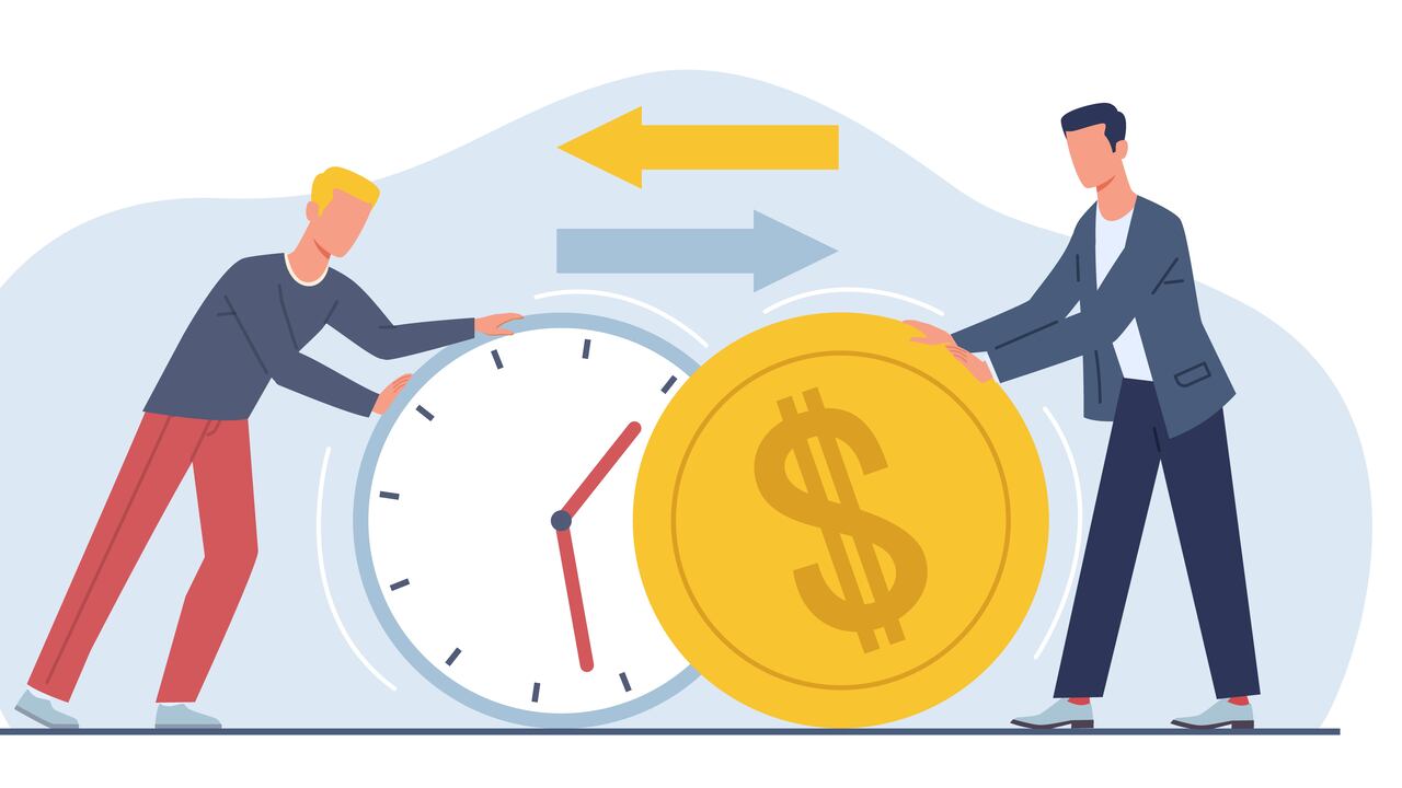 Exchanging time and effort for money and getting paid for work. Men hold huge clock and cold coin. Cost of hour metaphor. Working minutes. Cartoon flat style isolated illustration. Vector concept