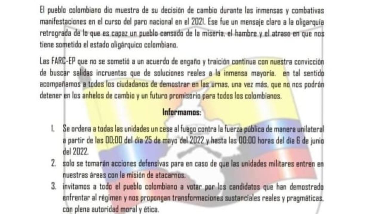 Autoridades verifican comunicado de las disidencias de las Farc donde orden alto al fuego