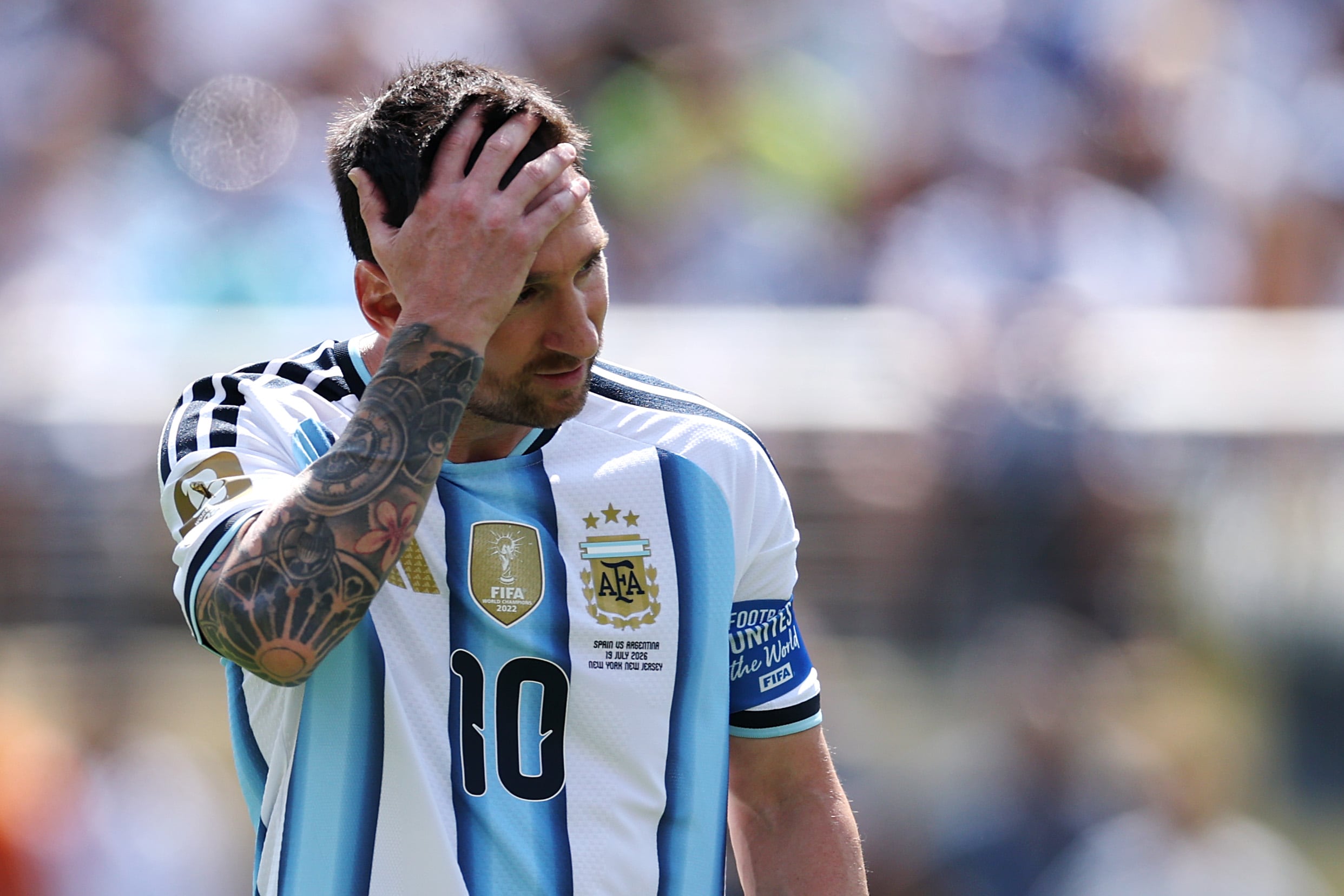 EAST RUTHERFORD, NEW JERSEY - JULY 19: Lionel Messi #10 of Argentina reacts during the FIFA World Cup 2026 Final match between Spain and Argentina at New York New Jersey Stadium on July 19, 2026 in East Rutherford, New Jersey. (Photo by Maddie Meyer - FIFA/FIFA via Getty Images)