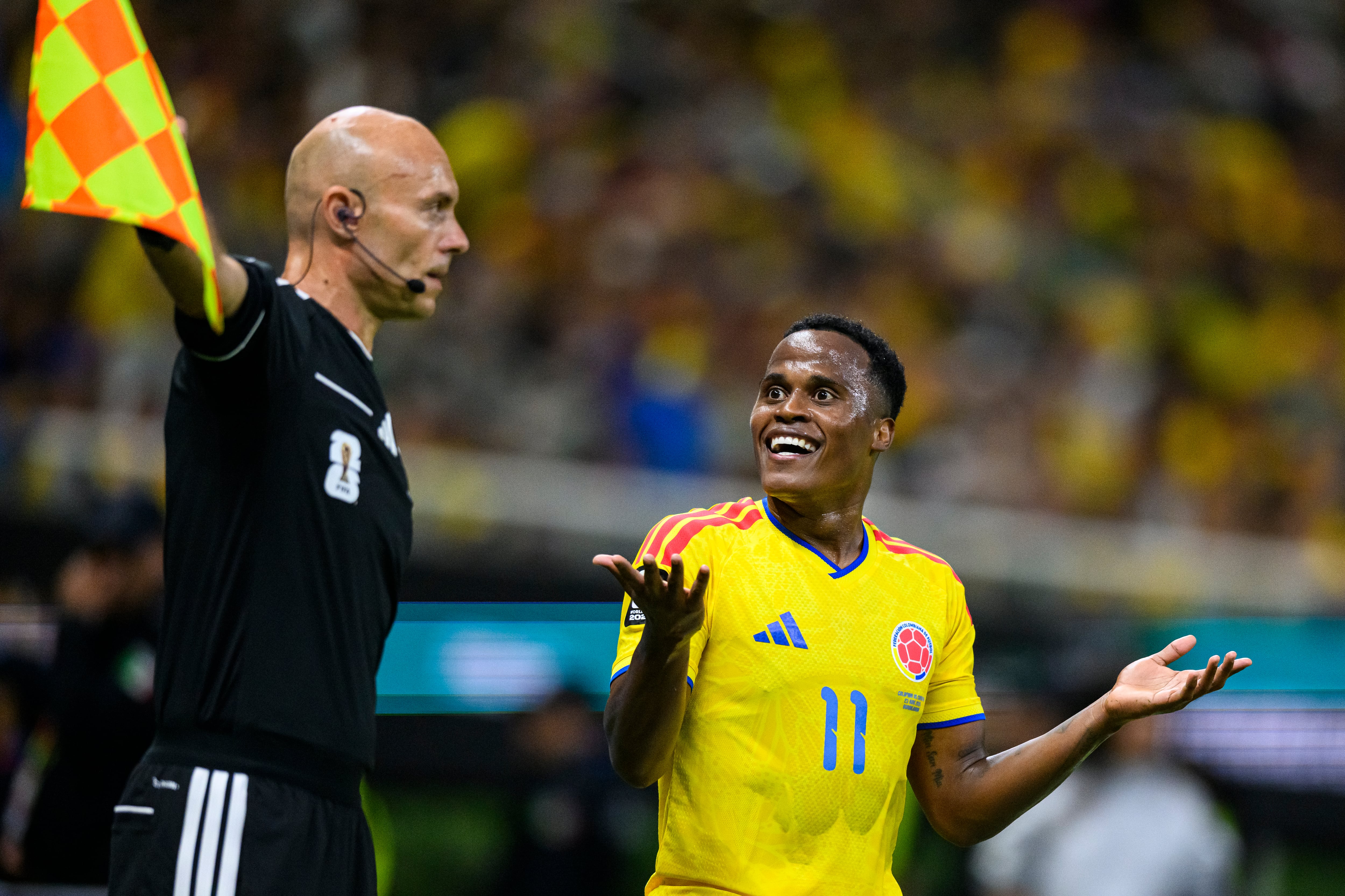 ZAPOPAN, MEXICO - JUNE 23: Jhon Arias of Colombia (R) reacts during the FIFA World Cup 2026 Group K match between Colombia and Congo DR at Guadalajara Stadium on June 23, 2026 in Zapopan, Mexico. (Photo by Martín Fonseca/Eurasia Sport Images/Getty Images)