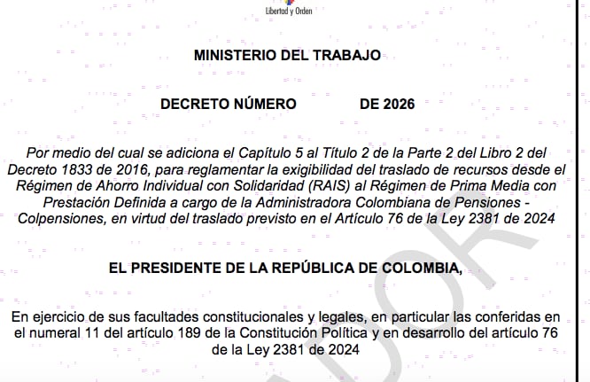 Proyecto de decreto sobre artículo de reforma pensional daría vía libre a traslado de recursos de AFPs a Colpensiones.