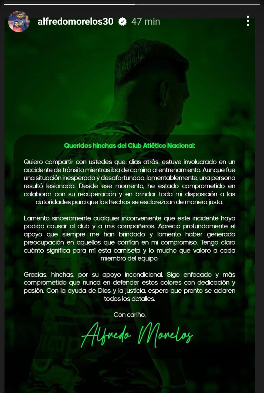 Pronunciamiento de Alfredo Morelos sobre el accidente que protagonizó