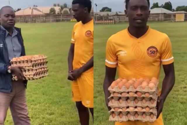 Cinco cubetas de huevos fue el premio para un futbolista en Zambia por ser el mejor de la cancha. Foto: Captura de pantalla Twitter @fotomac