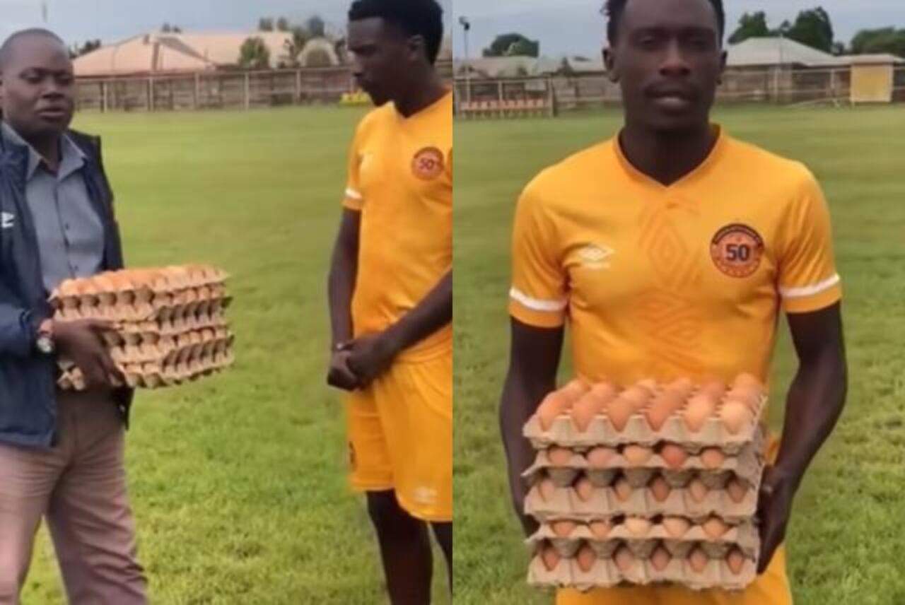 Cinco cubetas de huevos fue el premio para un futbolista en Zambia por ser el mejor de la cancha. Foto: Captura de pantalla Twitter @fotomac