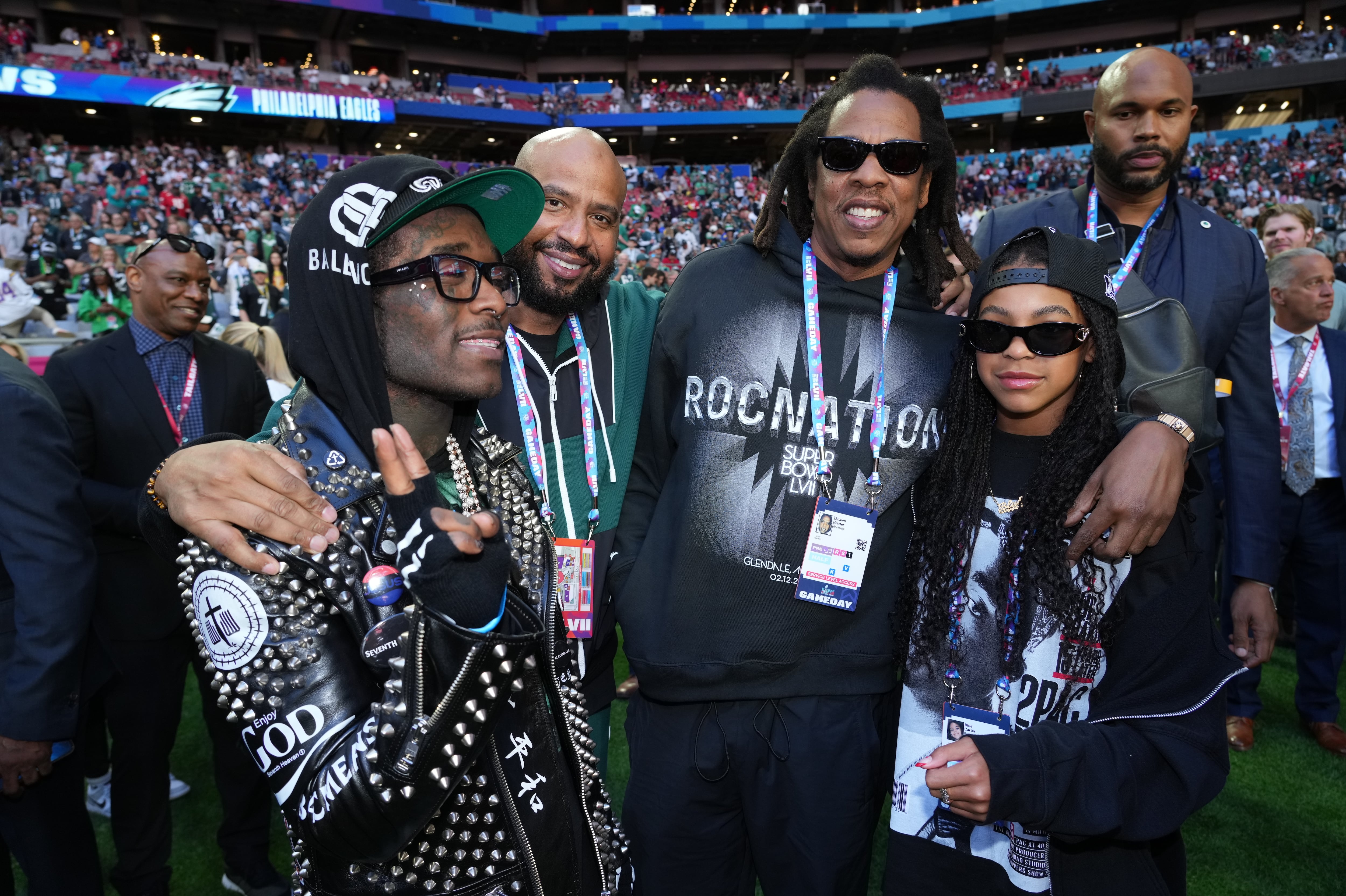 GLENDALE, ARIZONA - FEBRUARY 12:  (L-R) Lil Uzi Vert, Jay-Z and Blue Ivy Carter attend Super Bowl LVII at State Farm Stadium on February 12, 2023 in Glendale, Arizona. (Photo by Kevin Mazur/Getty Images for Roc Nation)