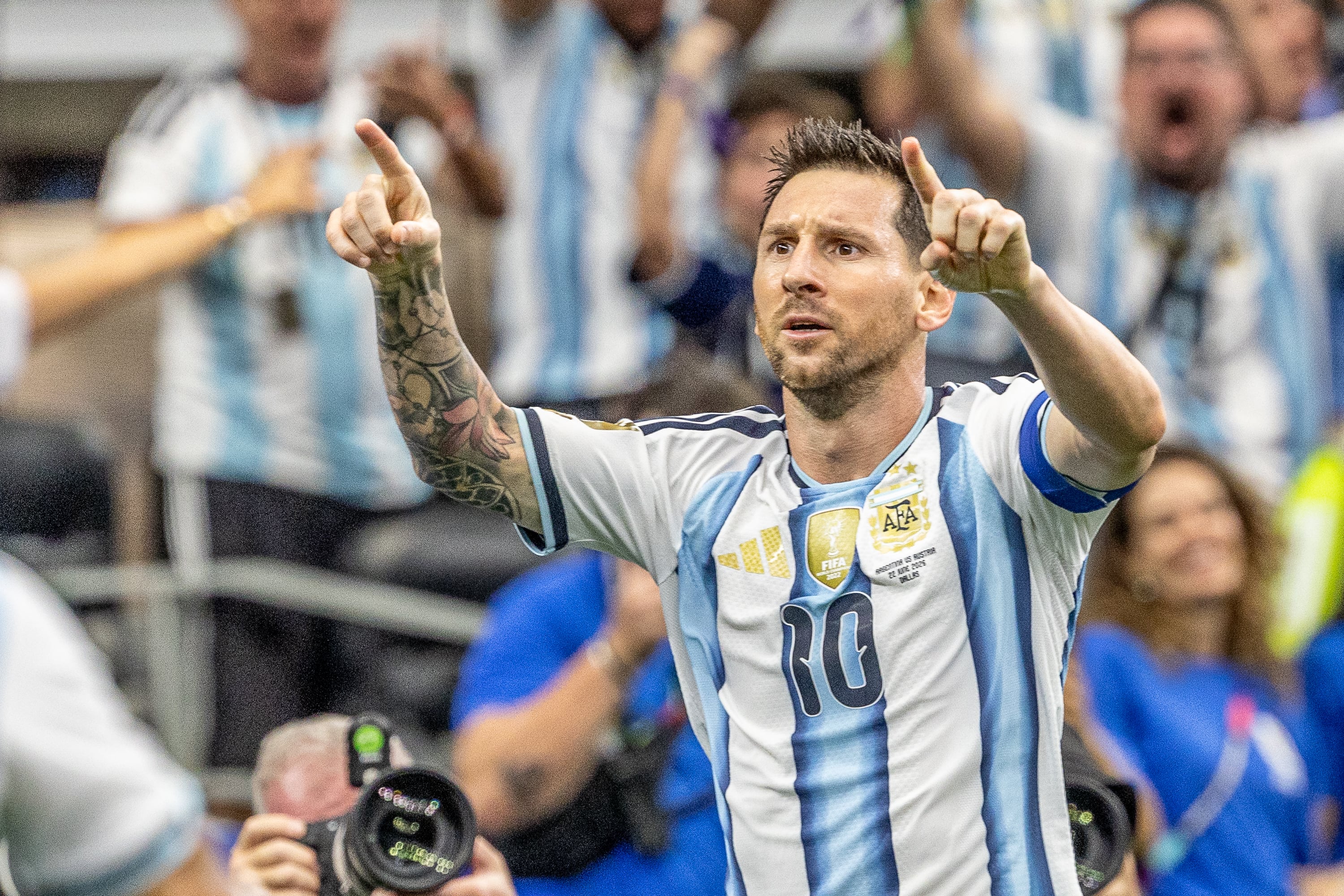 ARLINGTON, TEXAS, UNITED STATES - 2026/06/22: Lionel Messi of Argentina celebrates after scoring a goal during a FIFA World Cup 2026 football match between Argentina and Austria at AT&T Stadium (Dallas Stadium). Final score; Argentina 2:0 Austria. (Photo by Grzegorz Wajda/SOPA Images/LightRocket via Getty Images)