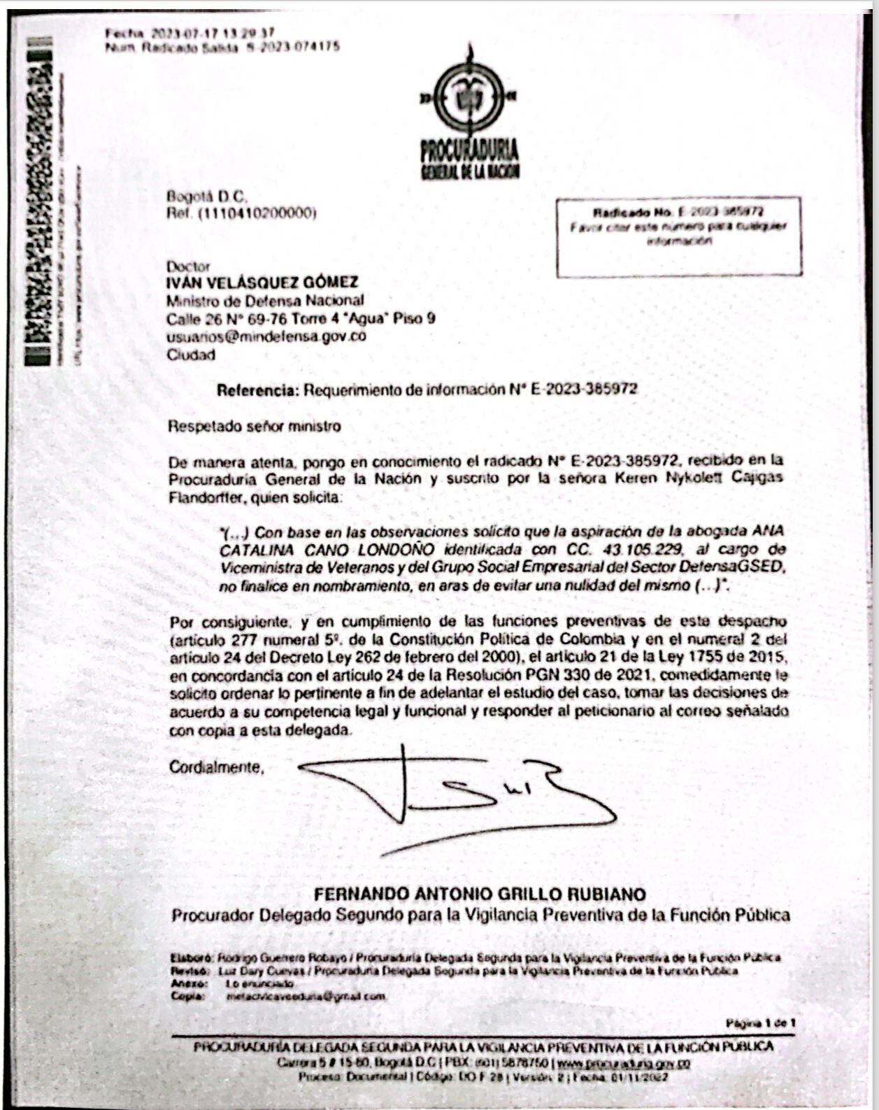 Documento enviado a la Procuraduría General.