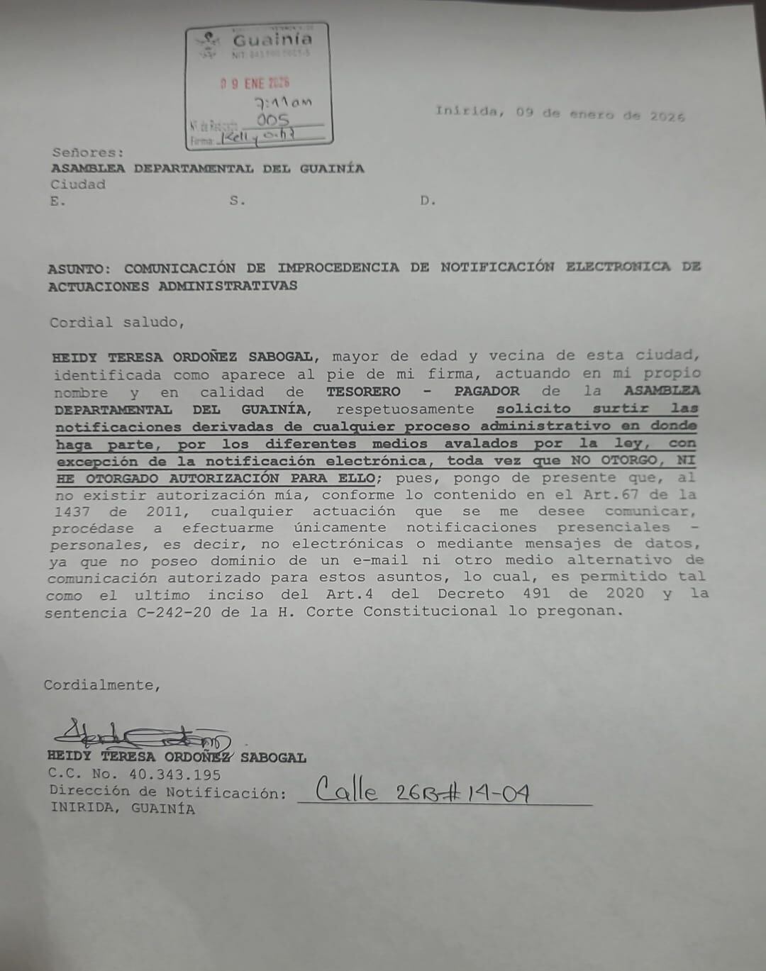 La tesorera de la Asamblea, Heidy Ordóñez, pidió cumplir las normas al momento de ser notificada.