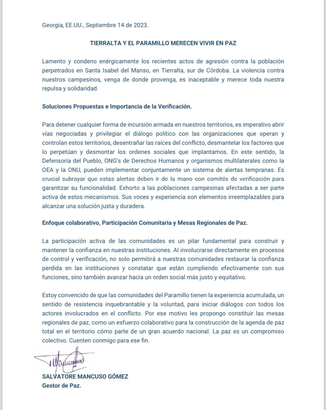 Comunicado de Salvatore Mancuso.
