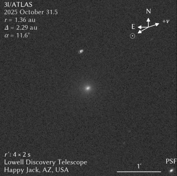 El Telescopio Lowell Discovery captó el 31 de octubre una nueva imagen del 3I/ATLAS tras su paso por el perihelio.