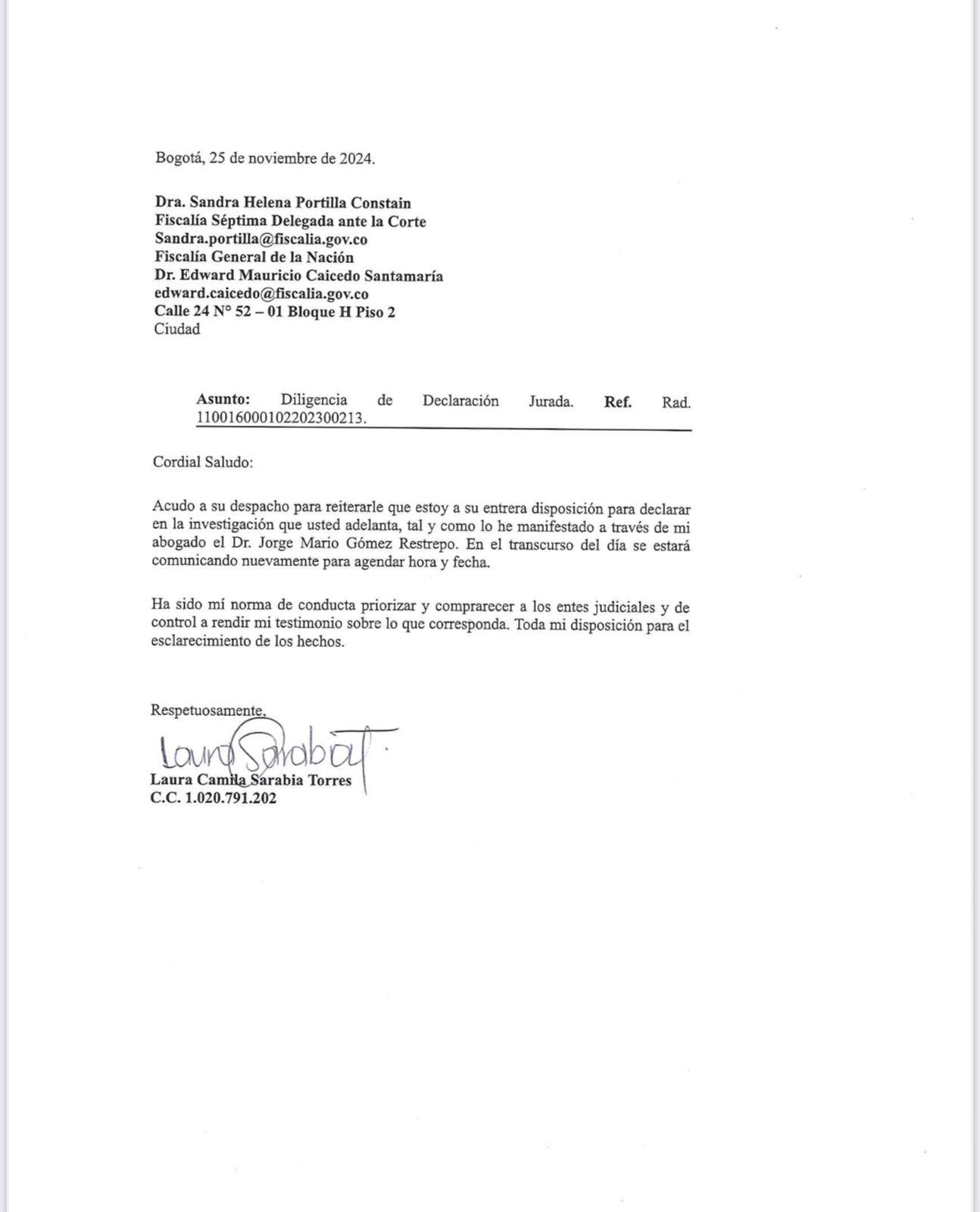 Carta de Laura Sarabia, directora del DAPRE, a la Fiscalía General.