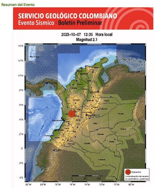 Reporte del sismo presentado a las 12:35 en Ansermanuevo, Valle del Cauca, este sábado 7 de octubre.