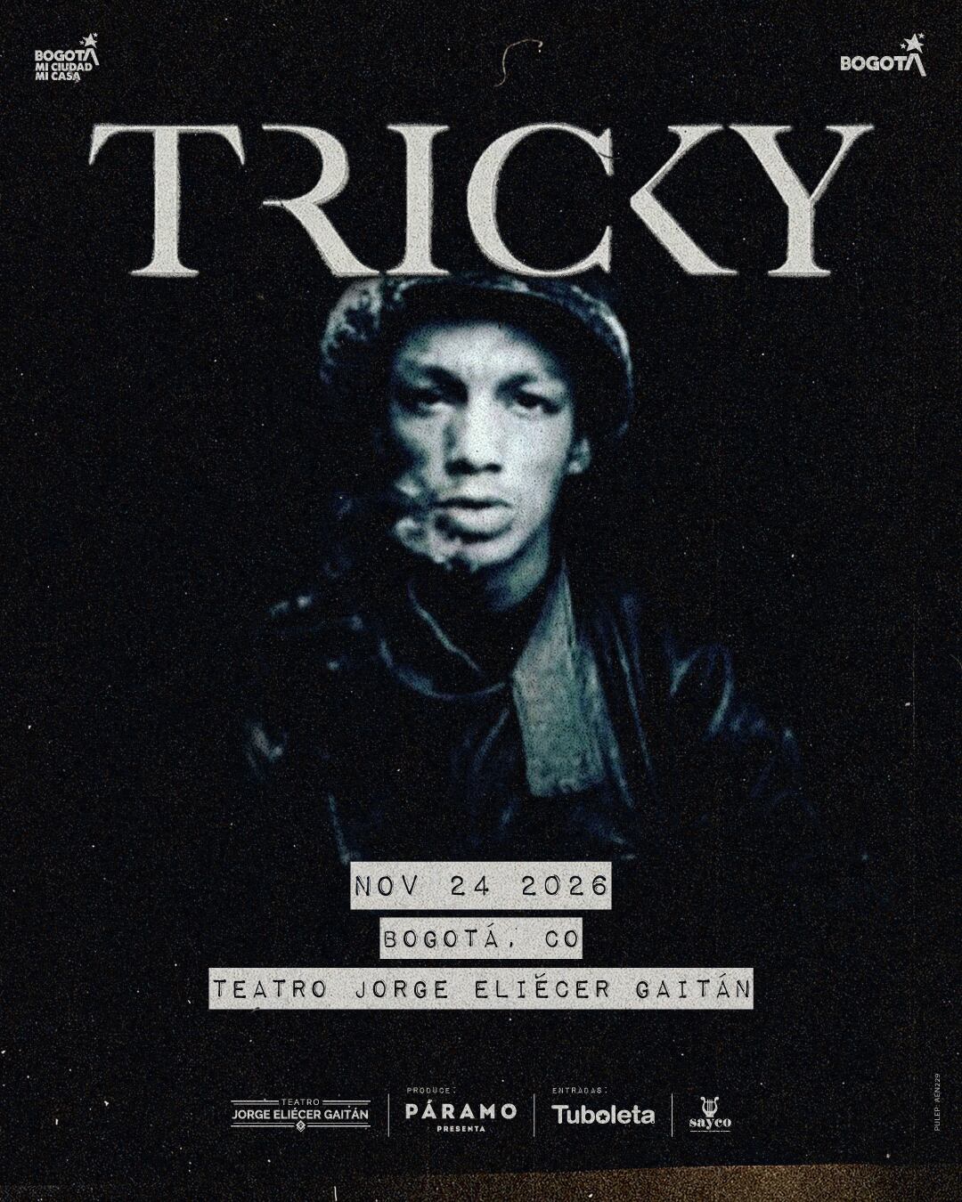 Tricky es una de las figuras clave de la música alternativa británica y del surgimiento del trip-hop en Bristol durante los años 90, y regresa el 24 de noviembre de 2026 al Teatro Jorge Eliécer Gaitán.