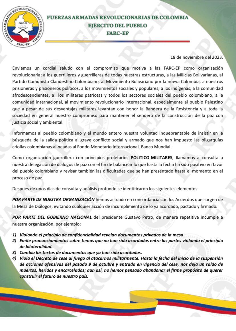 Disidencias de ‘Iván Mordisco’ aseguran que el Gobierno Petro ha violado el cese al fuego y revelado documentos privados de la mesa de diálogos