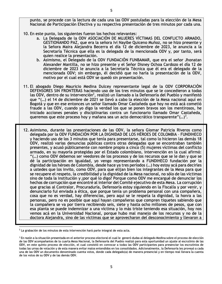 Acta de la sesión de la Mesa Nacional de Víctimas.