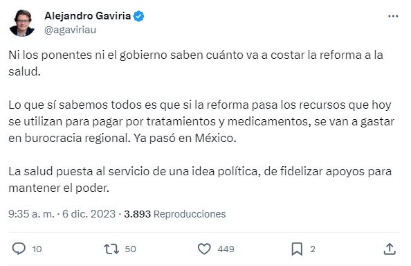 Publicación de Alejandro Gaviria en X.