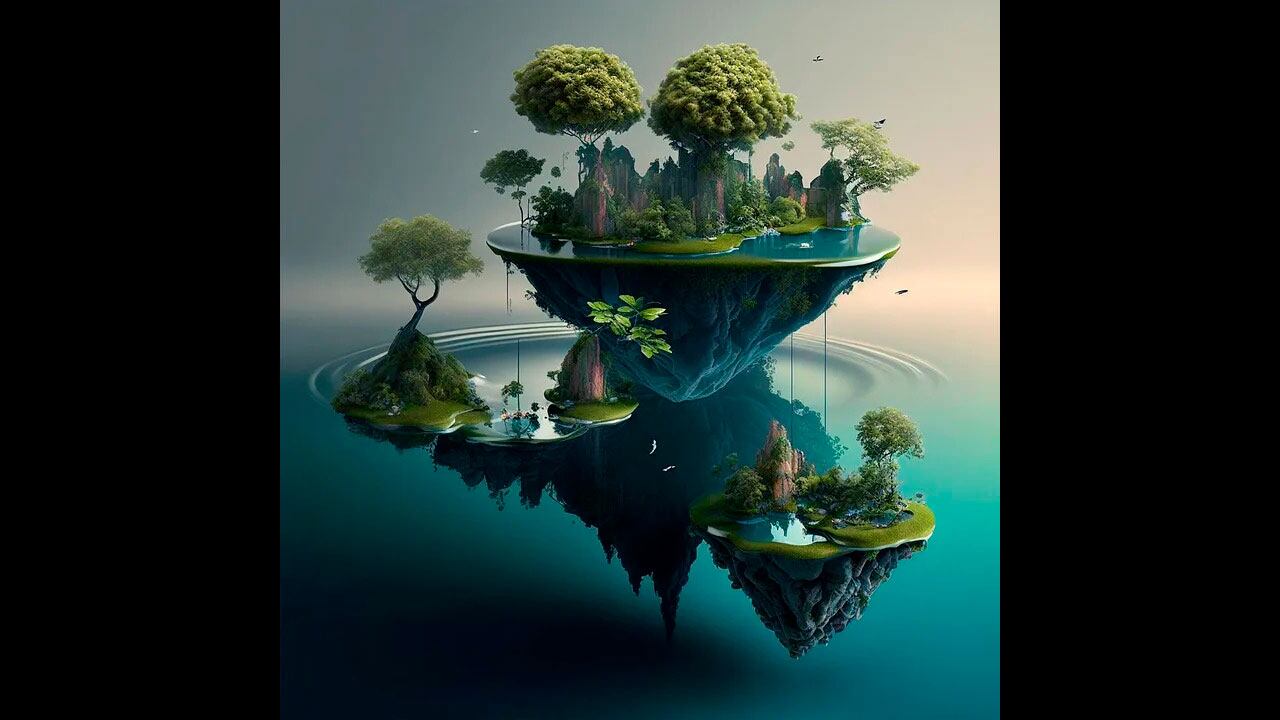Una IA imagina a la Tierra sin humanos, como un mundo de islas flotantes, con árboles y plantas creciendo sobre de ellas.