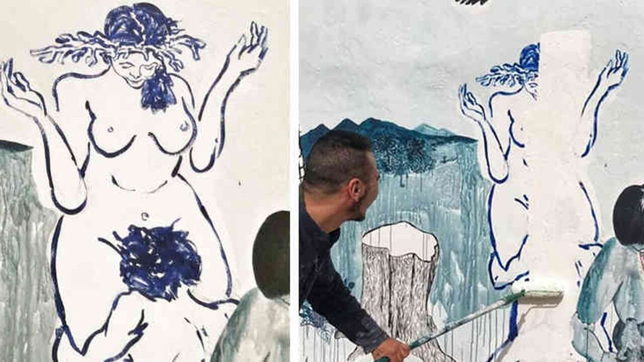 Imágenes del antes y después de uno de los dibujos del mural de Power Paola y Lucas Ospina en el Centro Colombo Americano de Bogotá.